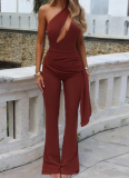 New Style Personalized Fashion Sports Leisure Oblique Shoulder Ribbon Slim Jumpsuit