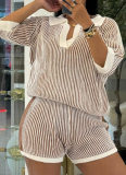 Comfortable Loose Color Matching Striped Knitted Short-Sleeved Sweater Shorts Two-Piece Suit For Women