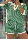 Comfortable Loose Color Matching Striped Knitted Short-Sleeved Sweater Shorts Two-Piece Suit For Women