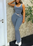 Contrast Color Cross Nude Running Fitness Yoga Wear Flared Pants Two-piece Set