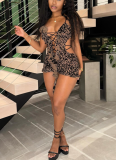 Sexy Lace-Up Leopard Mesh Print Hollow Bodysuit