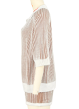 Comfortable Loose Color Matching Striped Knitted Short-Sleeved Sweater Shorts Two-Piece Suit For Women