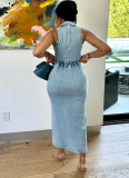 Blue Fashion Sexy Sleeveless Lapel Slit Denim Dress