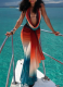 Casual Mesh Neckline Open Back Gradient Hip Skirt Two Piece Set