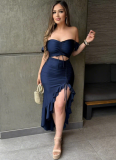Strapless One-Shoulder Top With Slit Irregular Ruffle Skirt Solid Color Two-Piece Set