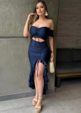 Strapless One-Shoulder Top With Slit Irregular Ruffle Skirt Solid Color Two-Piece Set