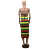Casual Colorful Striped Halter Neck Dress