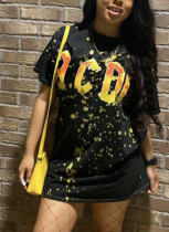 Black Casual Print Patchwork O Neck Straight Dresses