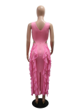 Sexy V-Neck Sleeveless Hollow Ruffle Solid Color Slit Dress For Women