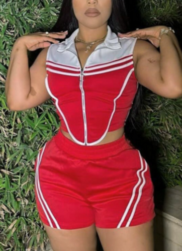 Casual Daily Stripe Zipper Contrast Zipper Collar Sleeveless Two Pieces