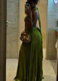 Sexy Halterneck V-neck Open Back Pleated Oversized Hem Dress
