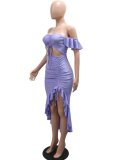 Strapless One-Shoulder Top With Slit Irregular Ruffle Skirt Solid Color Two-Piece Set