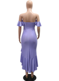 Strapless One-Shoulder Top With Slit Irregular Ruffle Skirt Solid Color Two-Piece Set