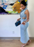 Blue Fashion Sexy Sleeveless Lapel Slit Denim Dress