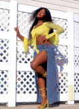 Blue Sexy Solid Color High Slit Strap Design Patchwork Bottoms