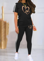Love Heart Printed Round Neck Top Trousers Fashion Casual Women'S Two-Piece Set