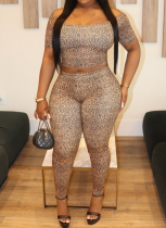 Spring And Summer Leopard Print Navel Top High Waist Pants Two-Piece Set