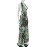 Sexy Print Backless Slit Halter Long Dresses