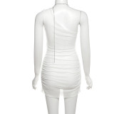 Sexy Solid Color See-Through Asymmetrical Collar Wrapped Skirt Dresses