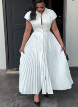 New Short-sleeved High-waisted Slim-fitting Pleated Wide-flared Shirt A-line Dress
