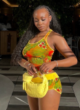 Yellow Sexy Print U Neck Sleeveless Two Pieces