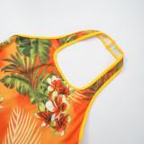 Yellow Sexy Print U Neck Sleeveless Two Pieces