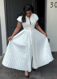 New Short-sleeved High-waisted Slim-fitting Pleated Wide-flared Shirt A-line Dress