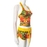 Yellow Sexy Print U Neck Sleeveless Two Pieces