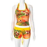 Yellow Sexy Print U Neck Sleeveless Two Pieces