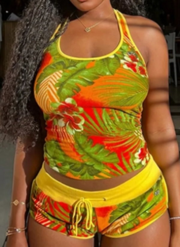 Yellow Sexy Print U Neck Sleeveless Two Pieces