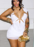 Sexy Solid Color See-Through Asymmetrical Collar Wrapped Skirt Dresses