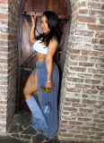 Blue Sexy Solid Color High Slit Strap Design Patchwork Bottoms