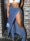 Blue Sexy Solid Color High Slit Strap Design Patchwork Bottoms