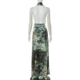 Sexy Print Backless Slit Halter Long Dresses