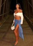 Blue Sexy Solid Color High Slit Strap Design Patchwork Bottoms