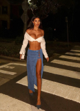 Blue Sexy Solid Color High Slit Strap Design Patchwork Bottoms