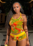 Yellow Sexy Print U Neck Sleeveless Two Pieces