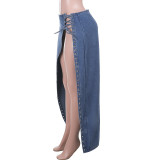 Blue Sexy Solid Color High Slit Strap Design Patchwork Bottoms