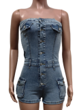 New Denim Hot Sale Tube Top Stretch Jumpsuit Shorts For Women