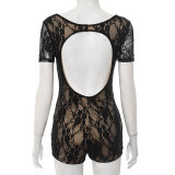 Sexy Lace V-neck Hollow Backless Short Sleeve Tight Shorts Jumpsuit