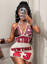 Fashion Sexy Printed Halter V-Neck Backless Dress