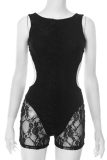 Women'S Black Round Neck Lace Open Back Hollow Stitching Jumpsuit