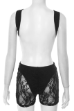 Women'S Black Round Neck Lace Open Back Hollow Stitching Jumpsuit