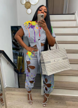 New Round Neck Top Hollow Trousers Ink-Splashed Tie-Dye Two-Piece Suit