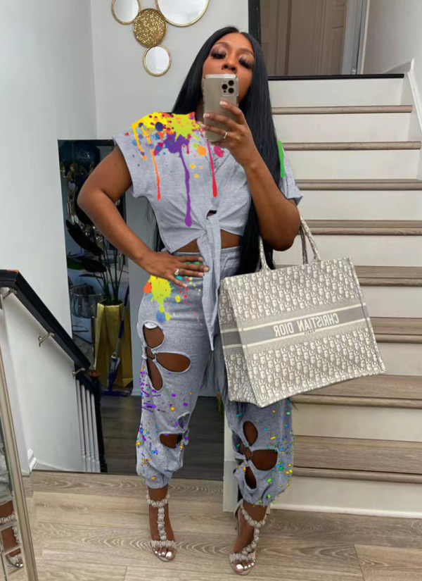 New Round Neck Top Hollow Trousers Ink-Splashed Tie-Dye Two-Piece Suit