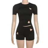 Fashion Solid Color Simple Love Hollow Sleeveless Vest Shorts Suit