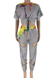 New Round Neck Top Hollow Trousers Ink-Splashed Tie-Dye Two-Piece Suit