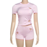 Fashion Solid Color Simple Love Hollow Sleeveless Vest Shorts Suit