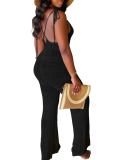Black Knitted Sexy Suspender Backless Jumpsuit