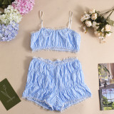 Sexy Navel-Exposed Ruffled Lace European and American Plaid Pants Set